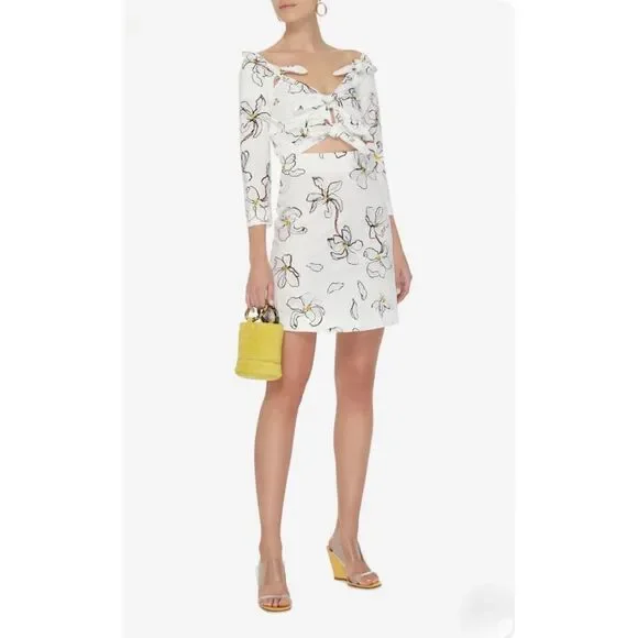 Isa Arfen White Floral Print Tie Knot Front Cutout Mini Dress 3/4 Sleeve Small - Picture 2 of 8